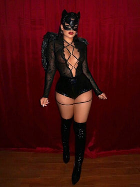SHEIN SXY شورتات نسائية من جلد البولي يوريثان بطبعة سحلية قوس للهالوين