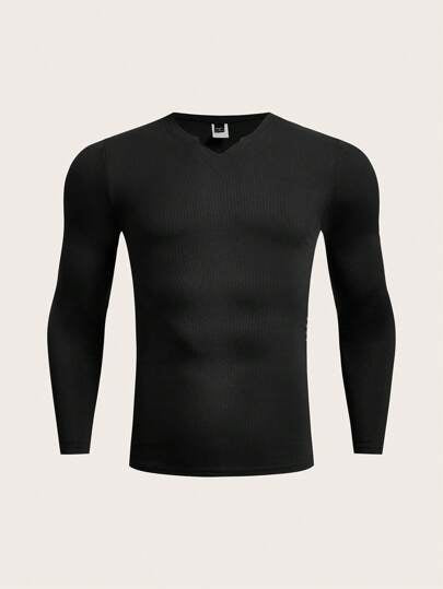 Manfinity Running قميص رياضي رقيق للرجال بياقة على شكل حرف V وأكمام طويلة بطراز صديق مناسب للاستخدام على مدار السنة