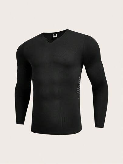 Manfinity Running قميص رياضي رقيق للرجال بياقة على شكل حرف V وأكمام طويلة بطراز صديق مناسب للاستخدام على مدار السنة
