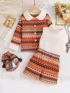 SHEIN طقم معطف جاكيت بنمط الشارع الملون للبنات الصغيرات 2 قطعة + شورت كارجو كاجوال مرقع