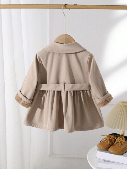 SHEIN معطف طويل مبطن للفتيات الصغار باللون الخاكي البسيط والأنيق، للخريف والشتاء