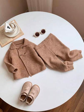 SHEIN مجموعة كنزة صوفية وبنطلون بياقة عالية بأكمام طويلة لون أحادي لطفل/طفلة، دافئة للخريف/الشتاء، 2 قطعة/طقم