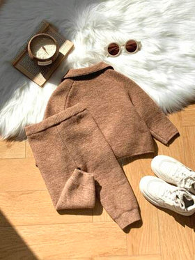 SHEIN مجموعة كنزة صوفية وبنطلون بياقة عالية بأكمام طويلة لون أحادي لطفل/طفلة، دافئة للخريف/الشتاء، 2 قطعة/طقم