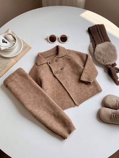 SHEIN مجموعة كنزة صوفية وبنطلون بياقة عالية بأكمام طويلة لون أحادي لطفل/طفلة، دافئة للخريف/الشتاء، 2 قطعة/طقم