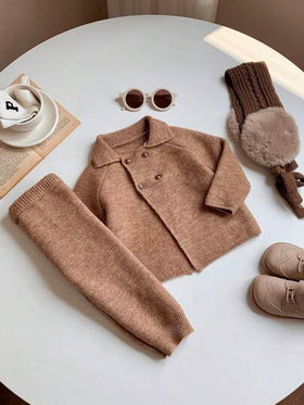 SHEIN مجموعة كنزة صوفية وبنطلون بياقة عالية بأكمام طويلة لون أحادي لطفل/طفلة، دافئة للخريف/الشتاء، 2 قطعة/طقم