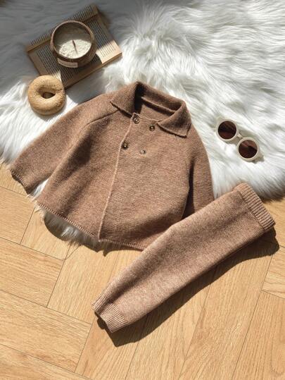 SHEIN مجموعة كنزة صوفية وبنطلون بياقة عالية بأكمام طويلة لون أحادي لطفل/طفلة، دافئة للخريف/الشتاء، 2 قطعة/طقم