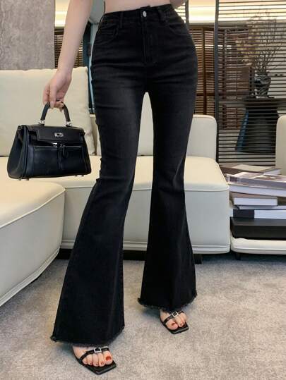 Joudiya سراويل جينز نسائية ضيقة بخصر عالٍ وذيل محنك عتيق، أسود