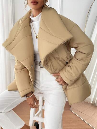 SHEIN LUNE معطف مبطن مُبطن للنساء بياقة وتصميم الخصر، دافئ للملابس الخريف والشتاء