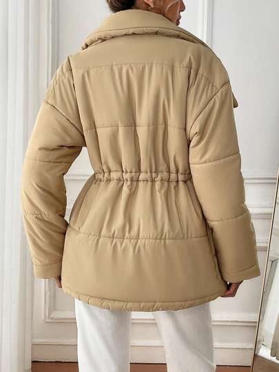 SHEIN LUNE معطف مبطن مُبطن للنساء بياقة وتصميم الخصر، دافئ للملابس الخريف والشتاء