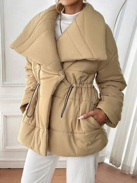 SHEIN LUNE معطف مبطن مُبطن للنساء بياقة وتصميم الخصر، دافئ للملابس الخريف والشتاء