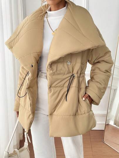 SHEIN LUNE معطف مبطن مُبطن للنساء بياقة وتصميم الخصر، دافئ للملابس الخريف والشتاء