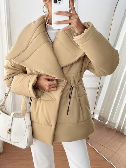 SHEIN LUNE معطف مبطن مُبطن للنساء بياقة وتصميم الخصر، دافئ للملابس الخريف والشتاء