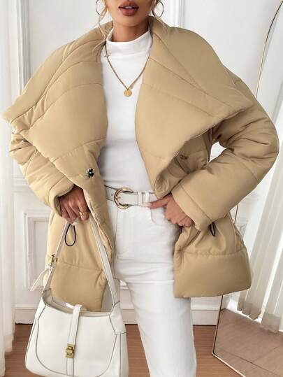 SHEIN LUNE معطف مبطن مُبطن للنساء بياقة وتصميم الخصر، دافئ للملابس الخريف والشتاء