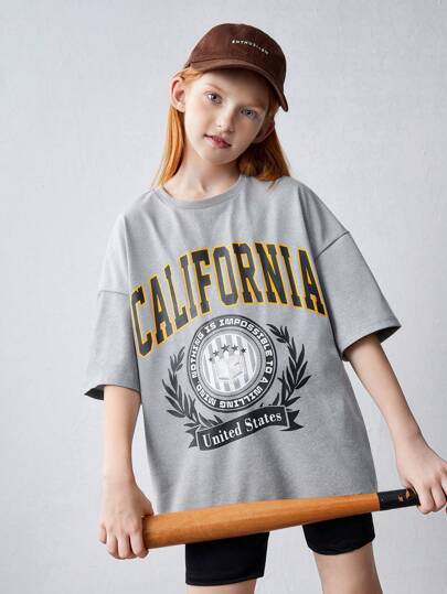 girls-sets طقم تي شيرت T-shirt كبير الحجم وسروال ضيق للفتيات المراهقات مطبوع عليه حرف مخاط