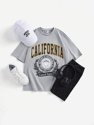 girls-sets طقم تي شيرت T-shirt كبير الحجم وسروال ضيق للفتيات المراهقات مطبوع عليه حرف مخاط