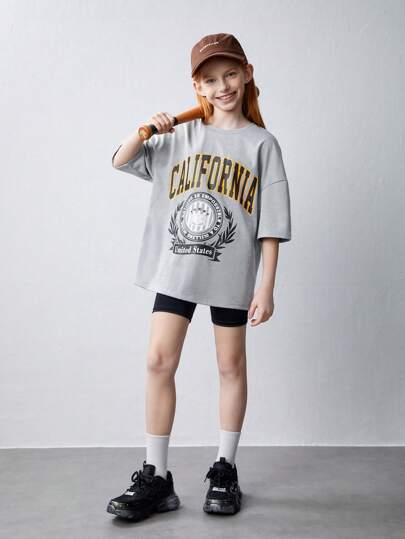 girls-sets طقم تي شيرت T-shirt كبير الحجم وسروال ضيق للفتيات المراهقات مطبوع عليه حرف مخاط