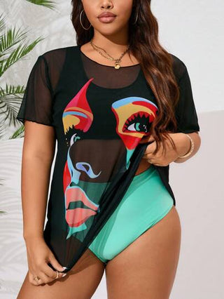 SHEIN Slayr CURVE مجموعة من 3 قطع قميص صيفي واقي بأكمام قصيرة وسروال داخلي زائدى الحجم مطبوع بطراز صيفي