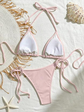 Bikinx بيكيني مثلث مزين بشريط ساتان ذو لون واحد وزخرفة صدفة، مناسب للصيف والعطلات الشاطئية باللون الوردي