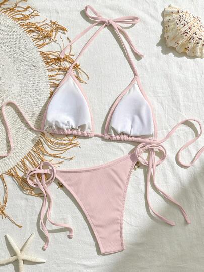 Bikinx بيكيني مثلث مزين بشريط ساتان ذو لون واحد وزخرفة صدفة، مناسب للصيف والعطلات الشاطئية باللون الوردي