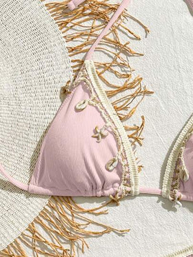 Bikinx بيكيني مثلث مزين بشريط ساتان ذو لون واحد وزخرفة صدفة، مناسب للصيف والعطلات الشاطئية باللون الوردي