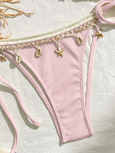 Bikinx بيكيني مثلث مزين بشريط ساتان ذو لون واحد وزخرفة صدفة، مناسب للصيف والعطلات الشاطئية باللون الوردي