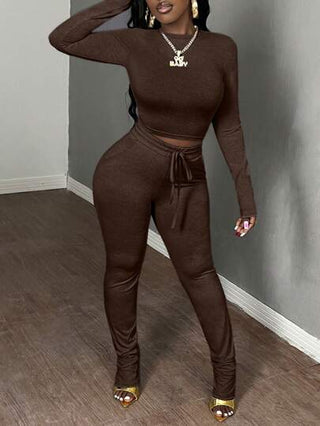Slaydiva مجموعة توب قصير بياقة طاقم أساسي كاجوال للنساء وبنطلون رياضي ضيق بخصر رباط، 2 قطعة، خريف وشتاء