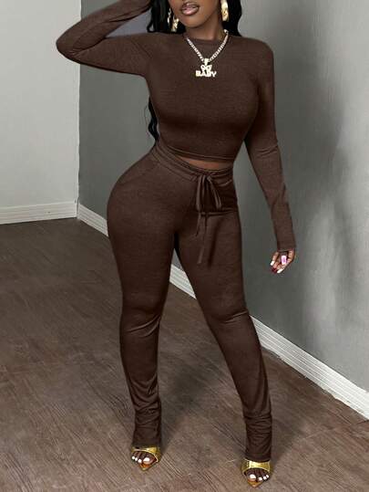 Slaydiva مجموعة توب قصير بياقة طاقم أساسي كاجوال للنساء وبنطلون رياضي ضيق بخصر رباط، 2 قطعة، خريف وشتاء