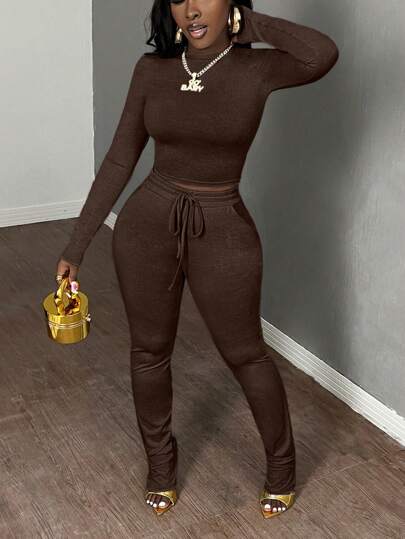 Slaydiva مجموعة توب قصير بياقة طاقم أساسي كاجوال للنساء وبنطلون رياضي ضيق بخصر رباط، 2 قطعة، خريف وشتاء