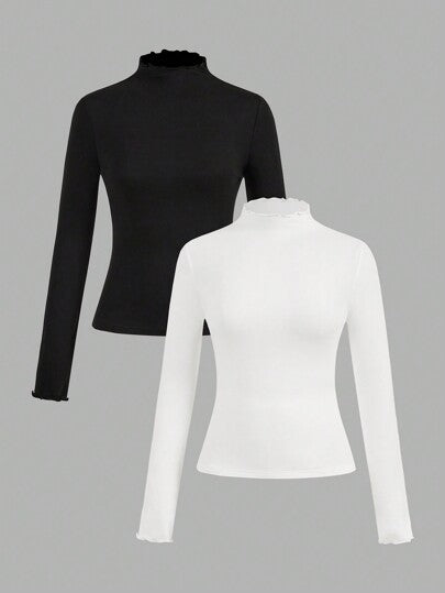 EZwear مجموعة من 2 قطعة قميص داخلي أساسي بياقة عالية وأكمام طويلة، لون أسود وأبيض، قطعة مرنة للاستخدام في فصلي الخريف والشتاء