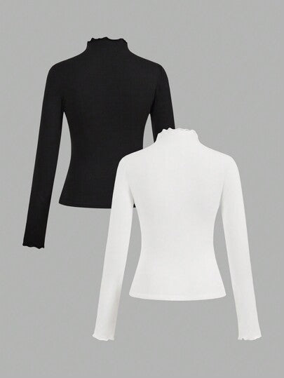 EZwear مجموعة من 2 قطعة قميص داخلي أساسي بياقة عالية وأكمام طويلة، لون أسود وأبيض، قطعة مرنة للاستخدام في فصلي الخريف والشتاء