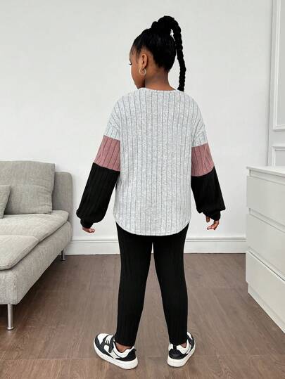 girls-sets مجموعة قطعتين أسود من السروال وتوب طويل الأكمام مضلع كاجوال لفتيات المراهقات