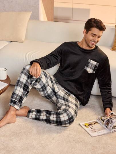 Manfinity Underwear&Sleepwear Basics مجموعة بنطلون وبلوزة بياقة طاقم بأكمام طويلة لون أحادي بتصميم بسيط للرجال، ملابس خريف وشتاء
