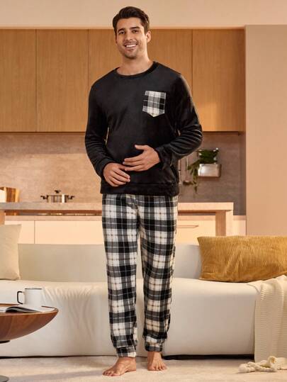 Manfinity Underwear&Sleepwear Basics مجموعة بنطلون وبلوزة بياقة طاقم بأكمام طويلة لون أحادي بتصميم بسيط للرجال، ملابس خريف وشتاء