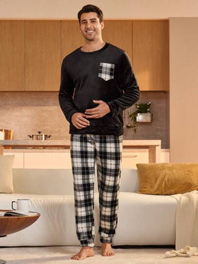 Manfinity Underwear&Sleepwear Basics مجموعة بنطلون وبلوزة بياقة طاقم بأكمام طويلة لون أحادي بتصميم بسيط للرجال، ملابس خريف وشتاء