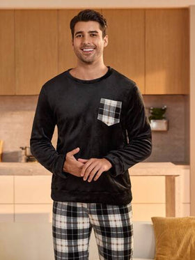 Manfinity Underwear&Sleepwear Basics مجموعة بنطلون وبلوزة بياقة طاقم بأكمام طويلة لون أحادي بتصميم بسيط للرجال، ملابس خريف وشتاء