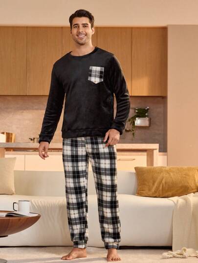 Manfinity Underwear&Sleepwear Basics مجموعة بنطلون وبلوزة بياقة طاقم بأكمام طويلة لون أحادي بتصميم بسيط للرجال، ملابس خريف وشتاء
