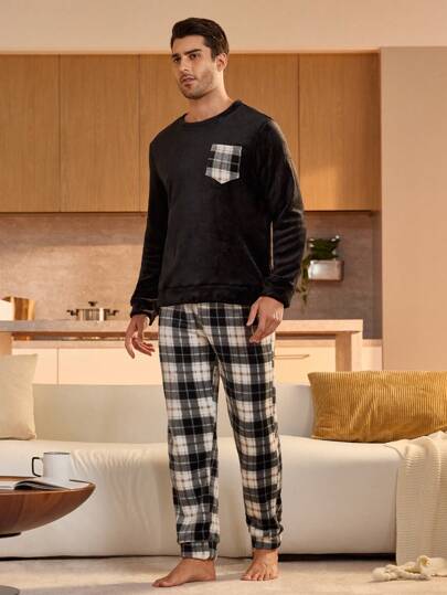 Manfinity Underwear&Sleepwear Basics مجموعة بنطلون وبلوزة بياقة طاقم بأكمام طويلة لون أحادي بتصميم بسيط للرجال، ملابس خريف وشتاء