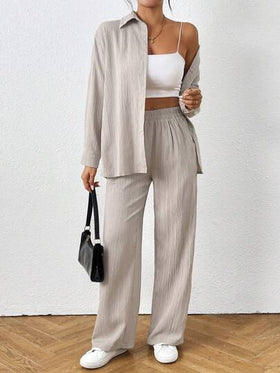 SHEIN PETITE طقم قميص وبنطلون كاجوال بأكمام طويلة لون أحادي للنساء في الربيع والخريف قطعتان