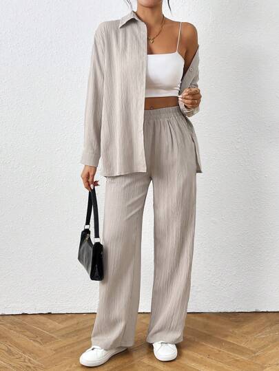 SHEIN PETITE طقم قميص وبنطلون كاجوال بأكمام طويلة لون أحادي للنساء في الربيع والخريف قطعتان