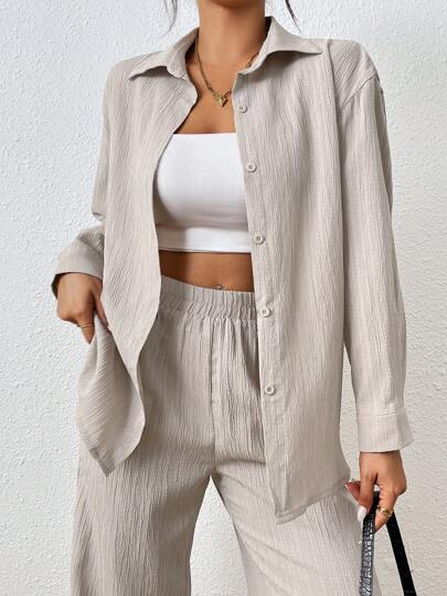 SHEIN PETITE طقم قميص وبنطلون كاجوال بأكمام طويلة لون أحادي للنساء في الربيع والخريف قطعتان