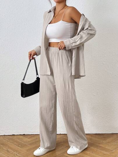 SHEIN PETITE طقم قميص وبنطلون كاجوال بأكمام طويلة لون أحادي للنساء في الربيع والخريف قطعتان