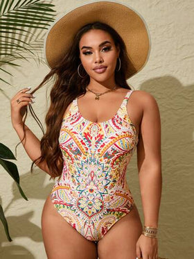 Swim Lushoire بدلة سباحة ضيقة قطعة واحدة مطبوعة بالكامل بدون أكمام مقاس كبير, صيفية