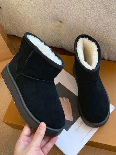 بوت ثلج أنيقة للنساء بتصميم كلاسيكي، لون أحادي، مصنوعة من الفليس للخارج، ذات نعل سميك مانع للانزلاق، دافئة ومقاومة للبرد، مقاومة للماء ومانعة للانزلاق، بوت ثلج مريحة، تصميم مناسب للجنسين، بوت خارجية مريحة ومانعة للانزلاق، نعال سميكة مسطحة للأحذية الشتوية