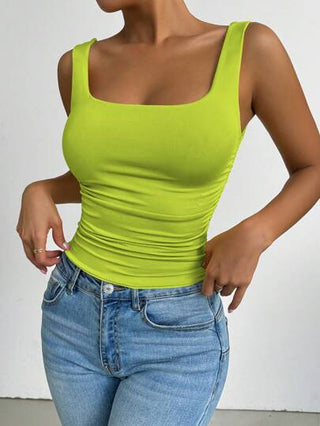 Chiquease النساء قمصان أكمام بلا أكمام ملونة بالكامل مطوية للصيف