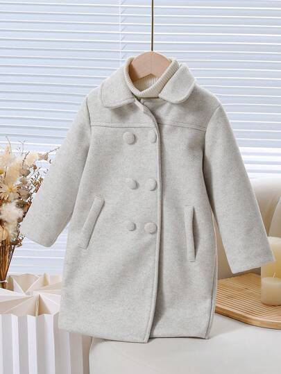 Elladie kids معطف صوفي شتوي واسع ذو طول متوسط ، لون أحادي ، ياقة عادية ، بناطيل بسيطة غير رسمية للفتاة الصغيرة