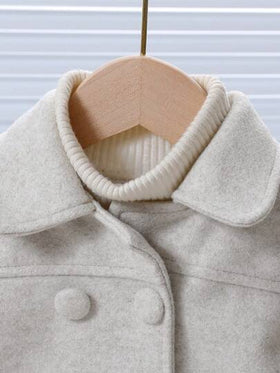 Elladie kids معطف صوفي شتوي واسع ذو طول متوسط ، لون أحادي ، ياقة عادية ، بناطيل بسيطة غير رسمية للفتاة الصغيرة