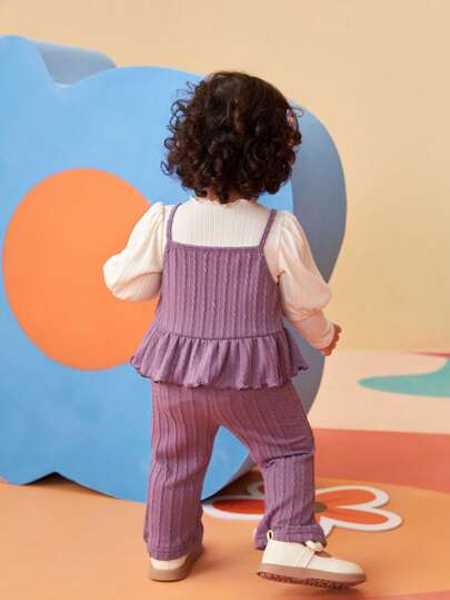 طقم ملابس علوية بدون أكمام بطباعة زهور، تي شيرت بأكمام طويلة وبنطال لفتيات الرضع للربيع والخريف ل- المناسبات