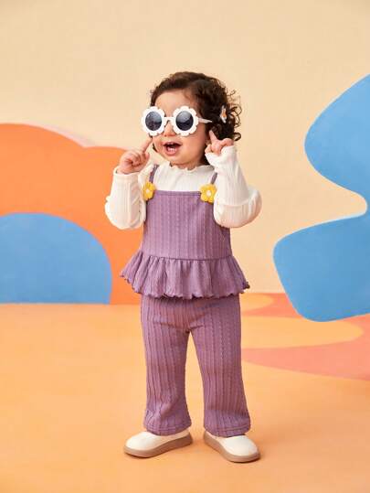 طقم ملابس علوية بدون أكمام بطباعة زهور، تي شيرت بأكمام طويلة وبنطال لفتيات الرضع للربيع والخريف ل- المناسبات