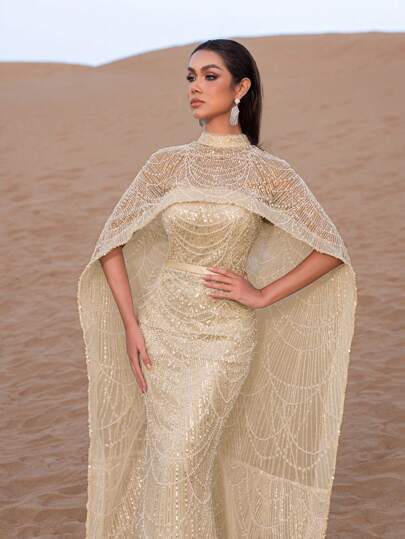 Faeriesty SHEIN X Hannahelzahed فستان ماكسي فاخر مرصع بالترتر واللؤلؤ مع رداء وذيل سمكة - أزياء راقية عالية المستوى ، فستان حورية البحر ، فستان سجادة حمراء معتمد من النجوم للحفلات الراقية والسهرات والأعراس ، رسمي أنيق للربيع والعطلات