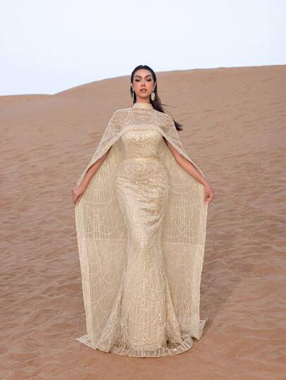 Faeriesty SHEIN X Hannahelzahed فستان ماكسي فاخر مرصع بالترتر واللؤلؤ مع رداء وذيل سمكة - أزياء راقية عالية المستوى ، فستان حورية البحر ، فستان سجادة حمراء معتمد من النجوم للحفلات الراقية والسهرات والأعراس ، رسمي أنيق للربيع والعطلات